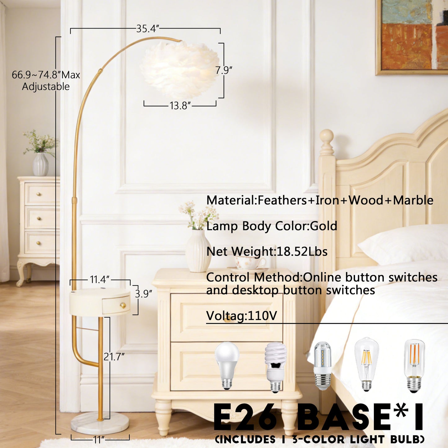 Feather Shade Arc Floor Lamp with Side Table - 3-Color Dimmable Gold Floor Lamp