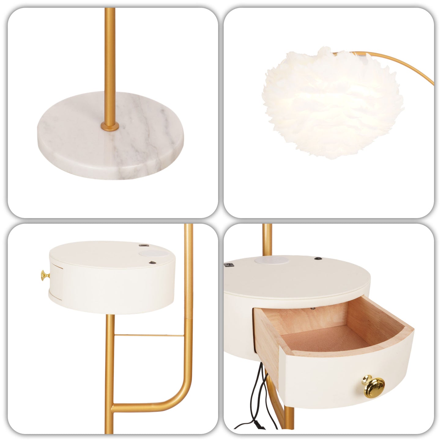 Feather Shade Arc Floor Lamp with Side Table - 3-Color Dimmable Gold Floor Lamp