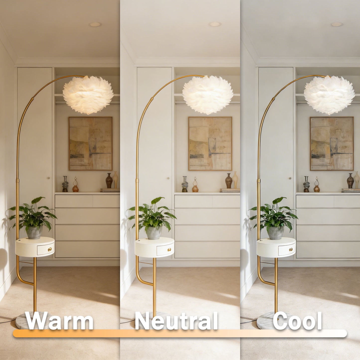 Feather Shade Arc Floor Lamp with Side Table - 3-Color Dimmable Gold Floor Lamp