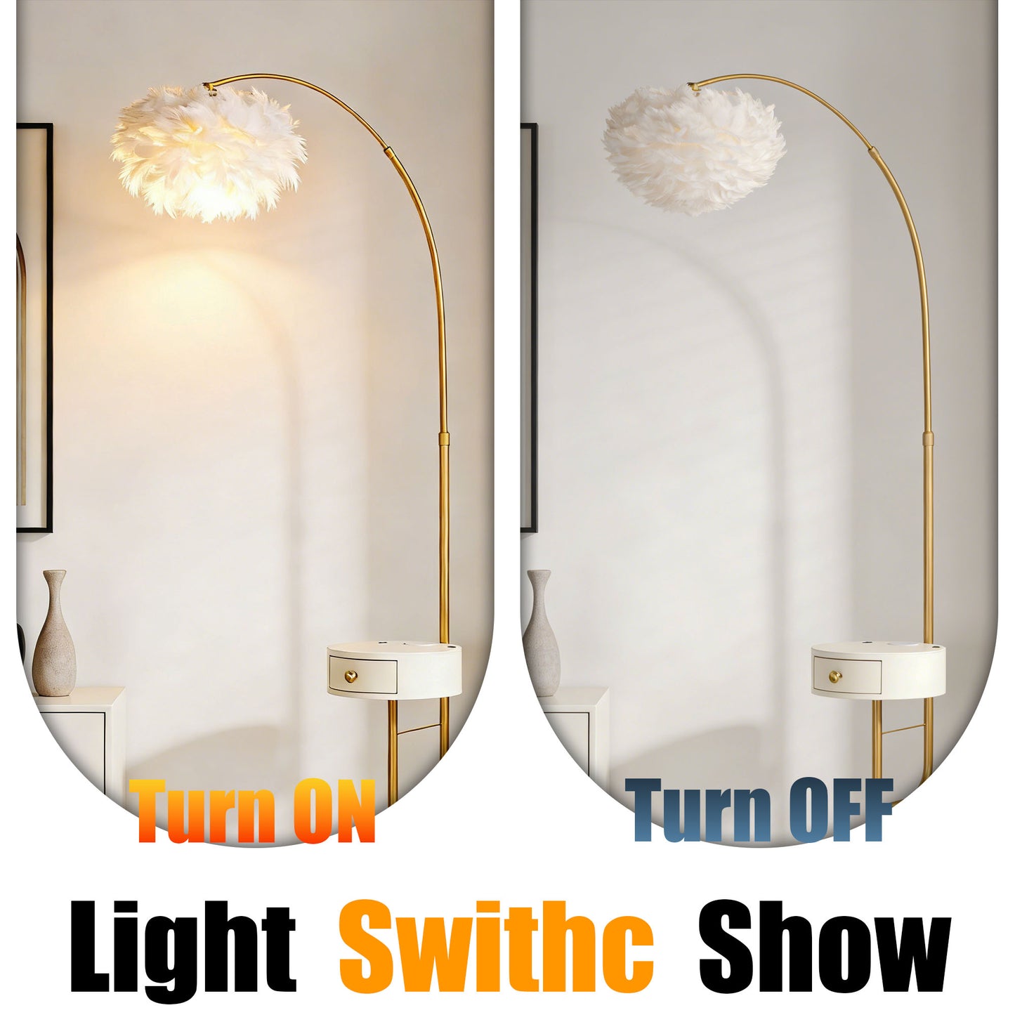 Feather Shade Arc Floor Lamp with Side Table - 3-Color Dimmable Gold Floor Lamp