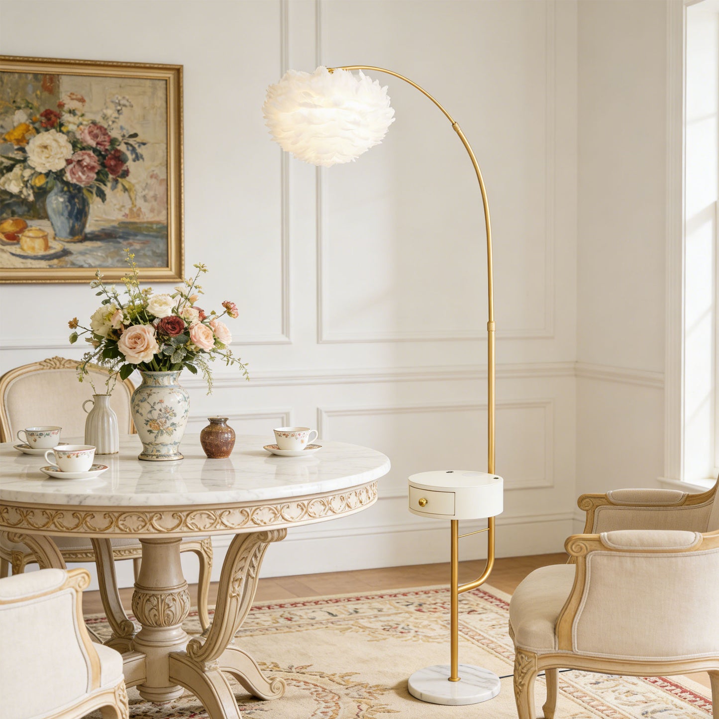 Feather Shade Arc Floor Lamp with Side Table - 3-Color Dimmable Gold Floor Lamp
