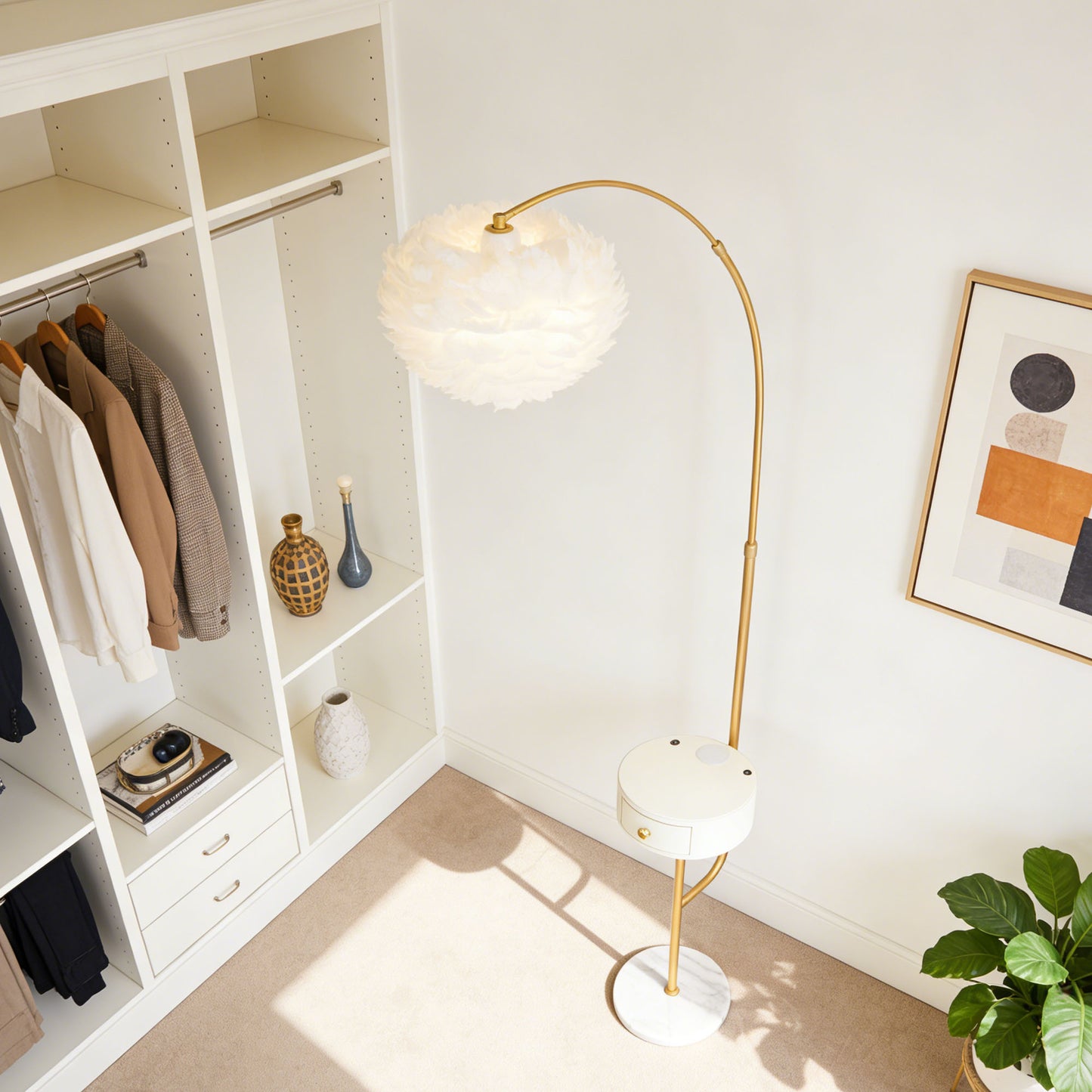 Feather Shade Arc Floor Lamp with Side Table - 3-Color Dimmable Gold Floor Lamp