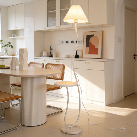 White Pleated Shade Curved Floor Lamp with Side Table - 3-Color Dimmable Modern Floor Lamp