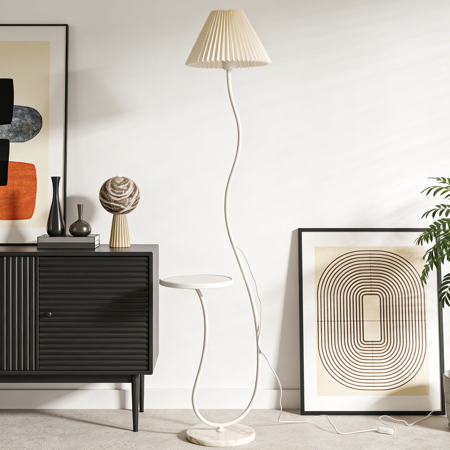 White Pleated Shade Curved Floor Lamp with Side Table - 3-Color Dimmable Modern Floor Lamp