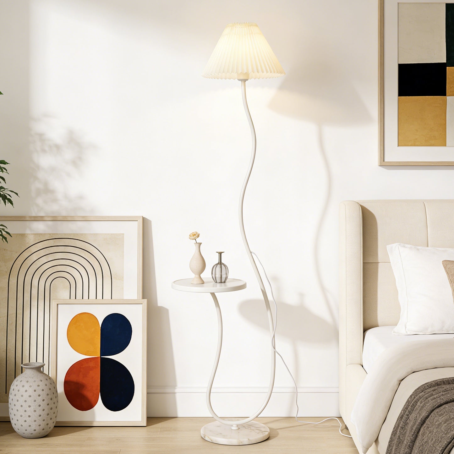White Pleated Shade Curved Floor Lamp with Side Table - 3-Color Dimmable Modern Floor Lamp