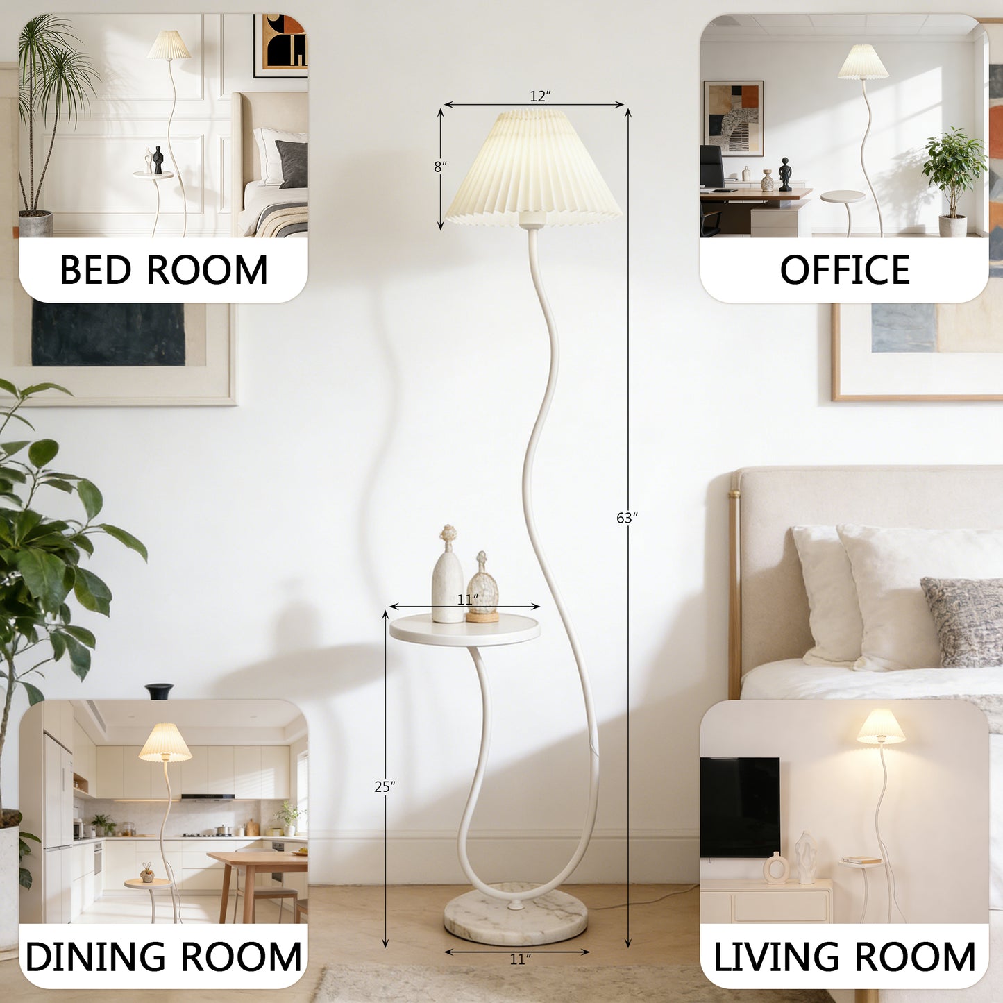 White Pleated Shade Curved Floor Lamp with Side Table - 3-Color Dimmable Modern Floor Lamp