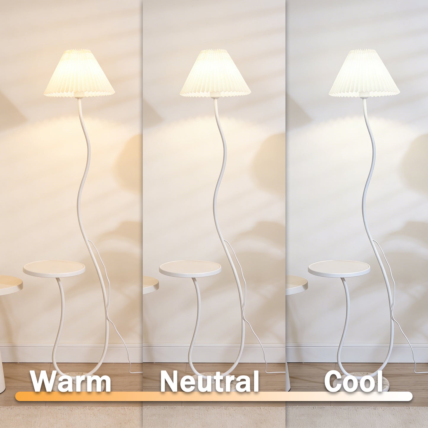 White Pleated Shade Curved Floor Lamp with Side Table - 3-Color Dimmable Modern Floor Lamp