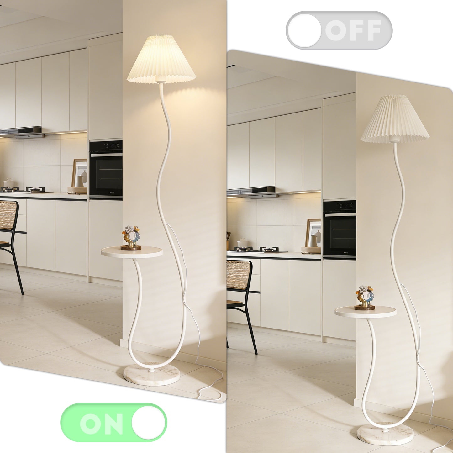 White Pleated Shade Curved Floor Lamp with Side Table - 3-Color Dimmable Modern Floor Lamp