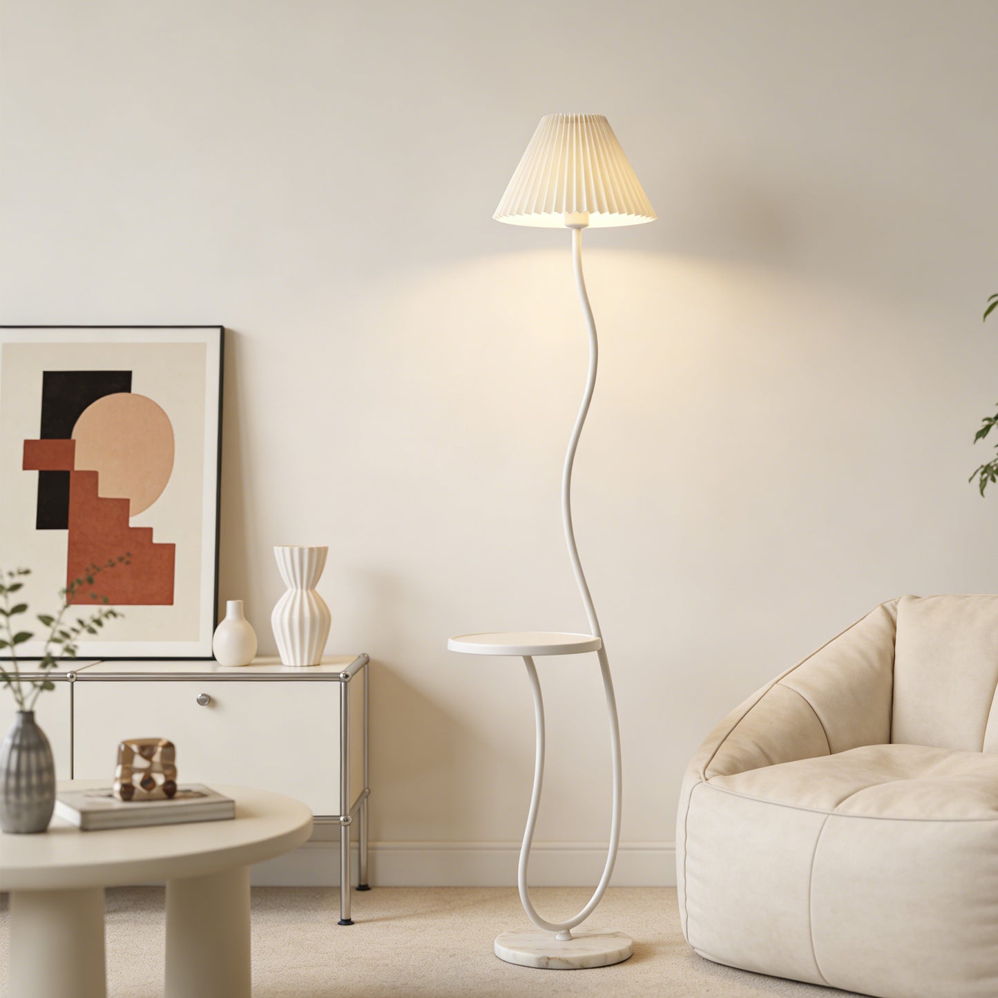 White Pleated Shade Curved Floor Lamp with Side Table - 3-Color Dimmable Modern Floor Lamp