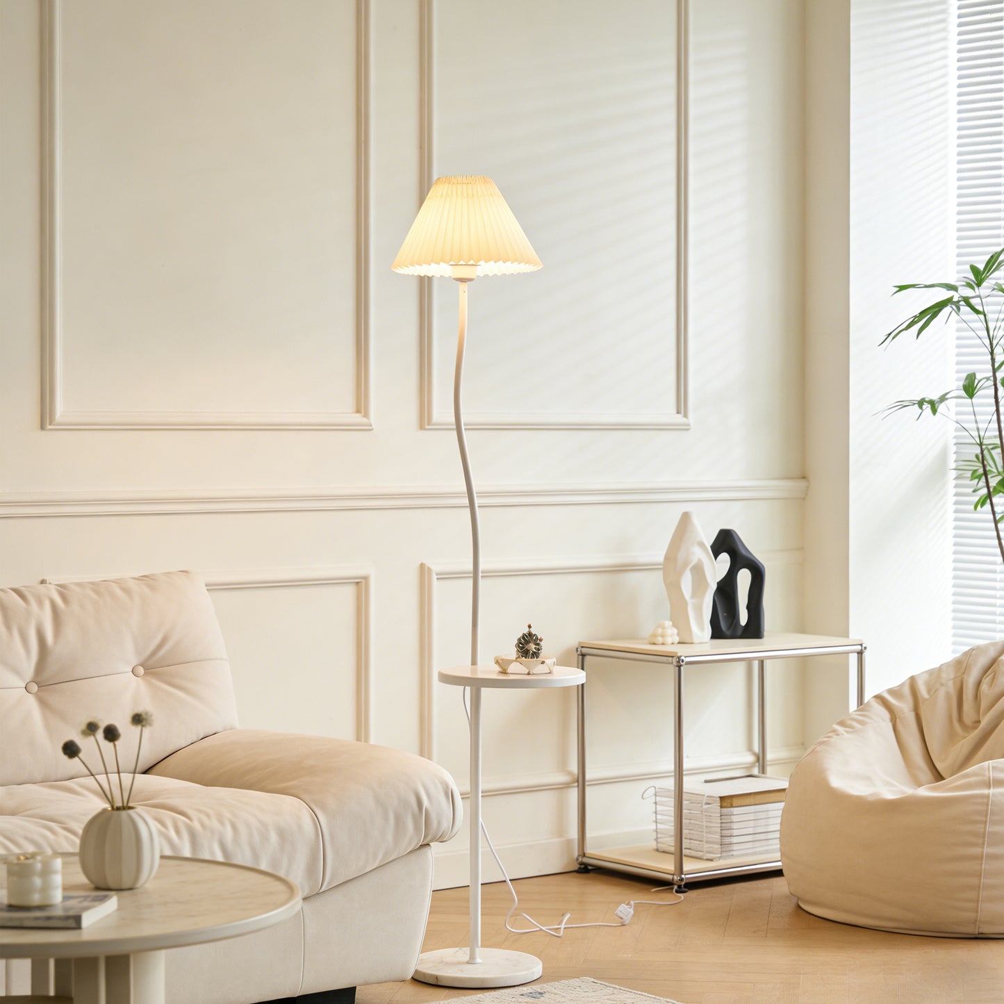 White Pleated Shade Curved Floor Lamp with Side Table - 3-Color Dimmable Modern Floor Lamp