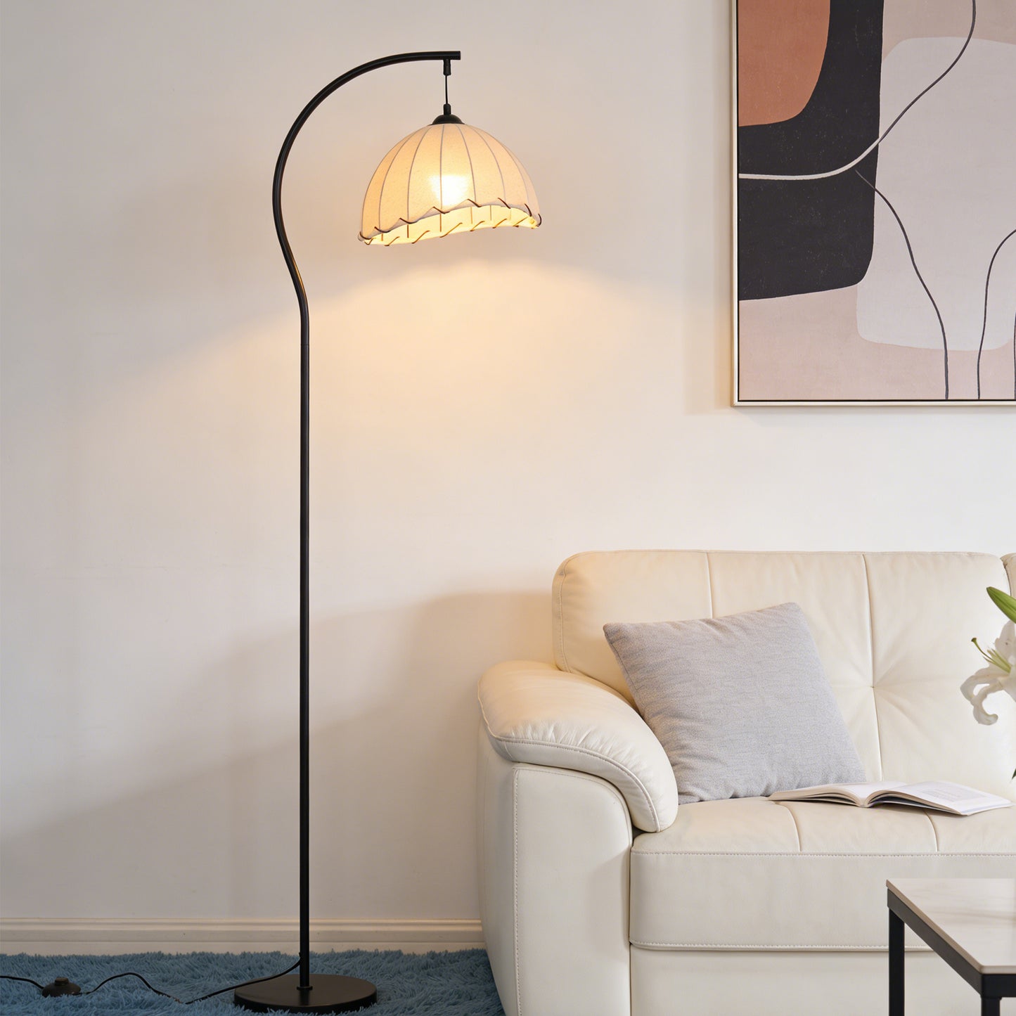 Beige Fabric Dome Arc Floor Lamp - Black Curved Pole Vintage Floor Lamp Warm Light E26 Base
