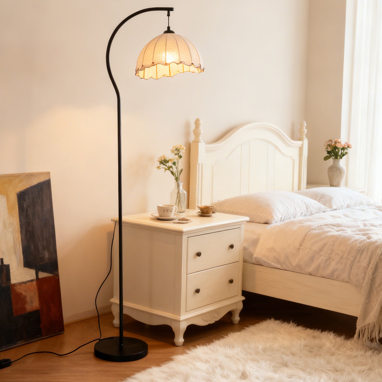 Beige Fabric Dome Arc Floor Lamp - Black Curved Pole Vintage Floor Lamp Warm Light E26 Base