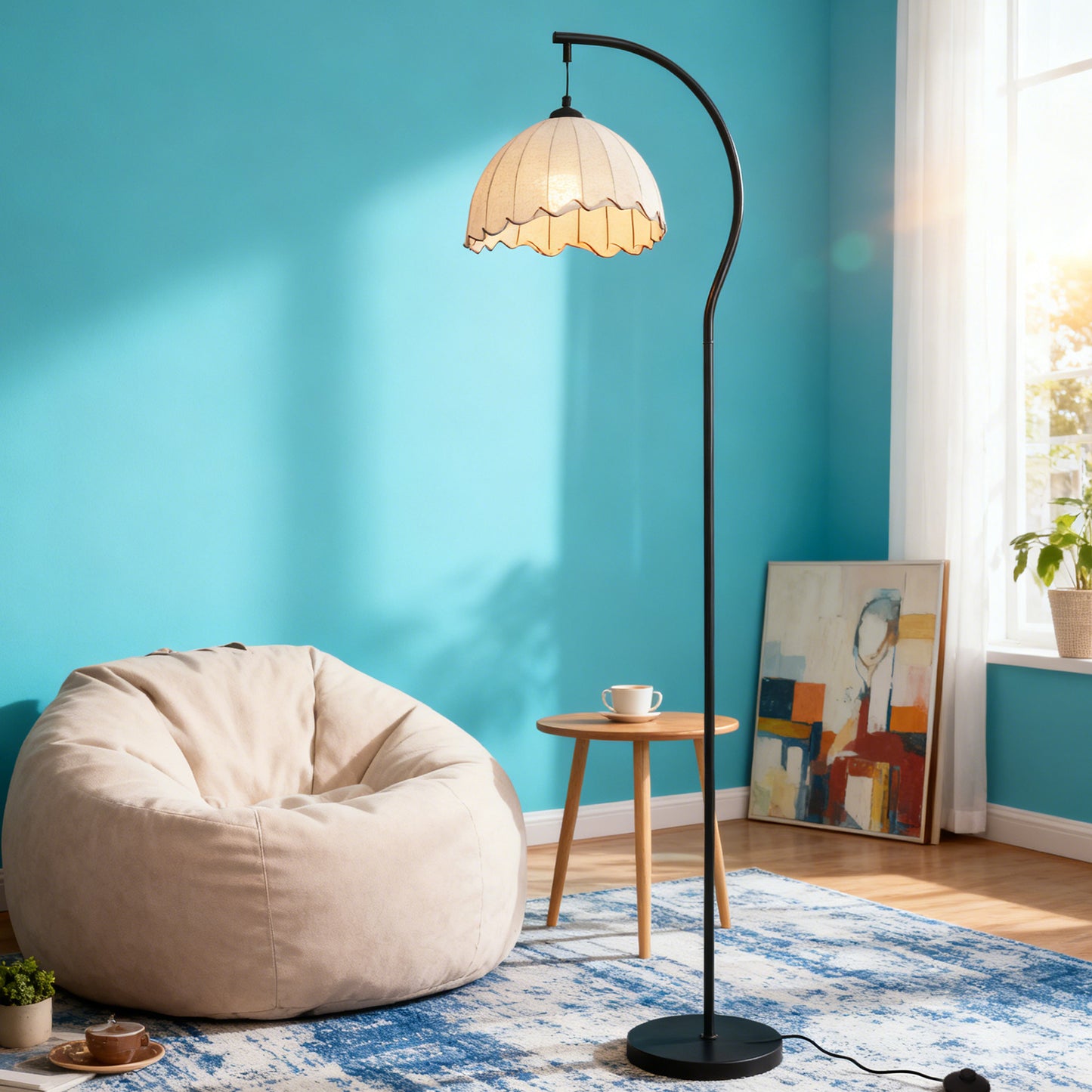 Beige Fabric Dome Arc Floor Lamp - Black Curved Pole Vintage Floor Lamp Warm Light E26 Base