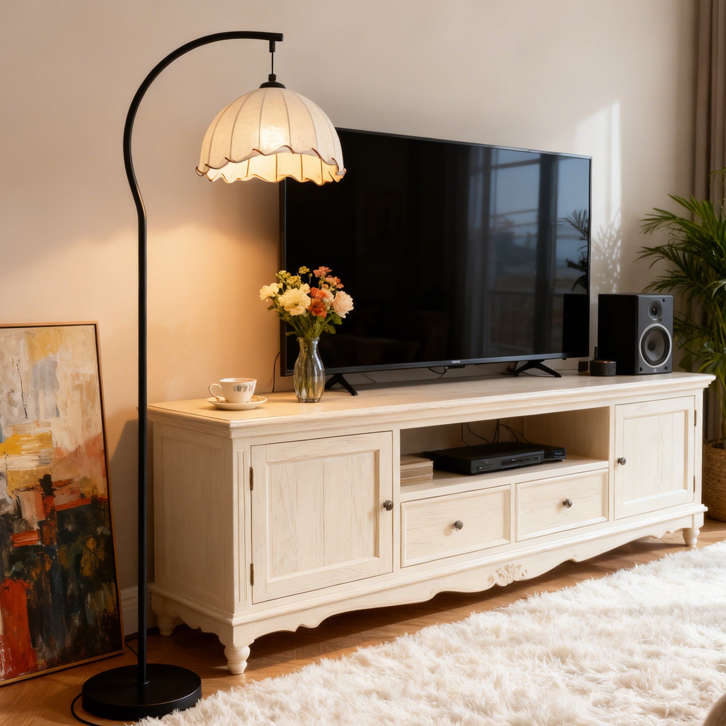 Beige Fabric Dome Arc Floor Lamp - Black Curved Pole Vintage Floor Lamp Warm Light E26 Base