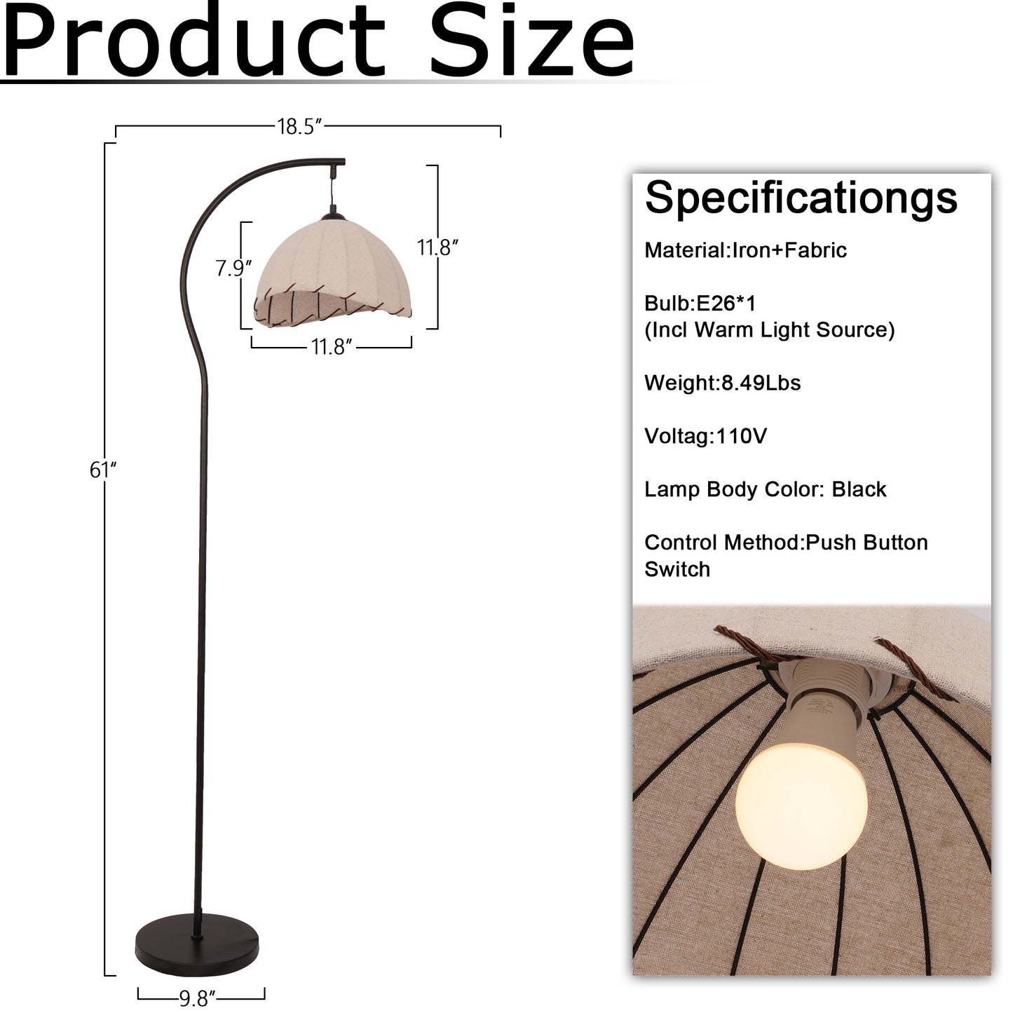 Beige Fabric Dome Arc Floor Lamp - Black Curved Pole Vintage Floor Lamp Warm Light E26 Base