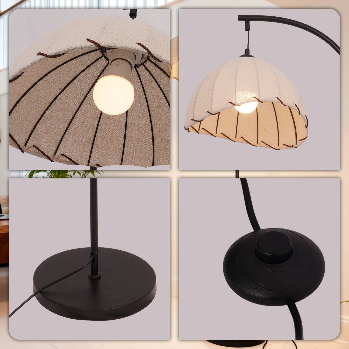 Beige Fabric Dome Arc Floor Lamp - Black Curved Pole Vintage Floor Lamp Warm Light E26 Base