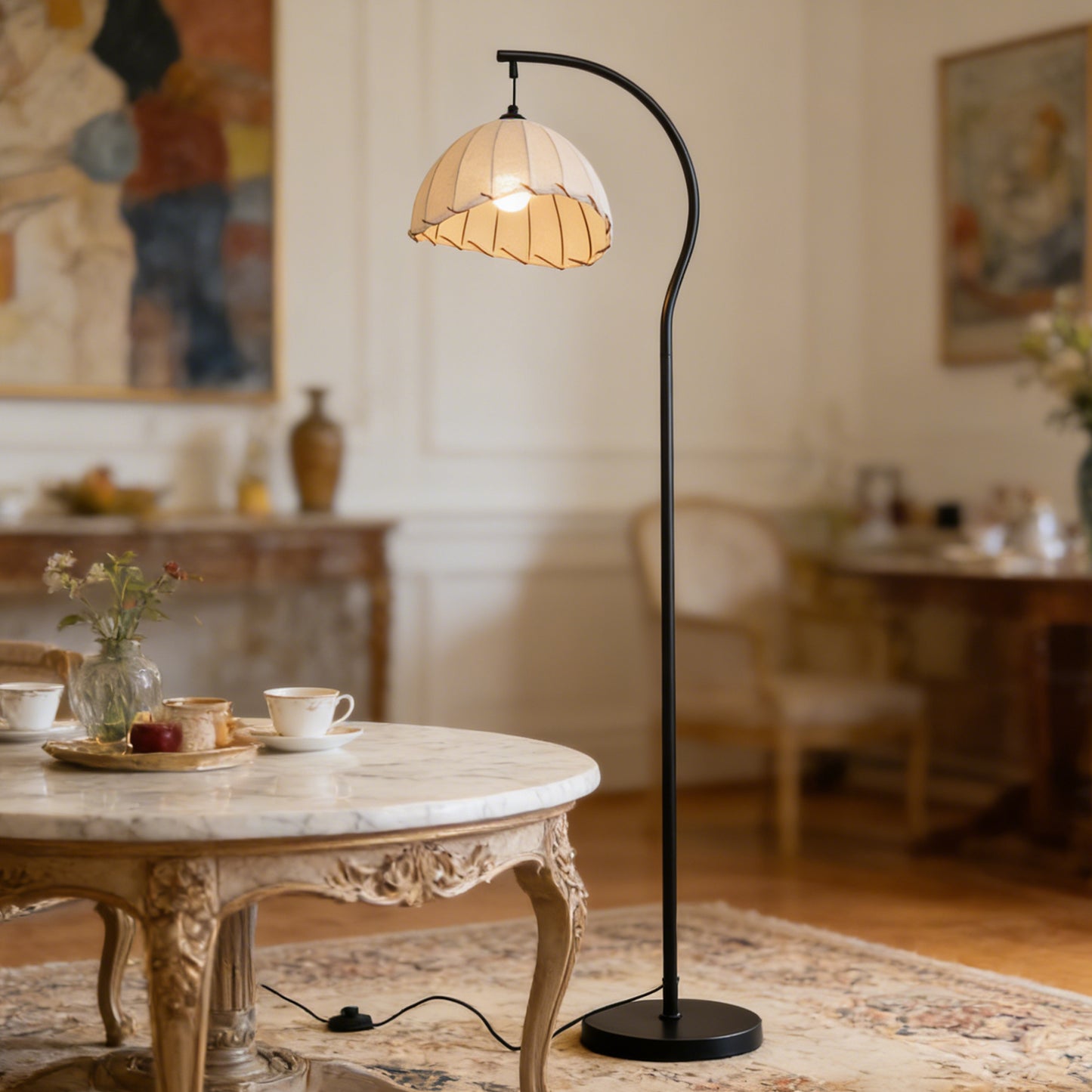 Beige Fabric Dome Arc Floor Lamp - Black Curved Pole Vintage Floor Lamp Warm Light E26 Base