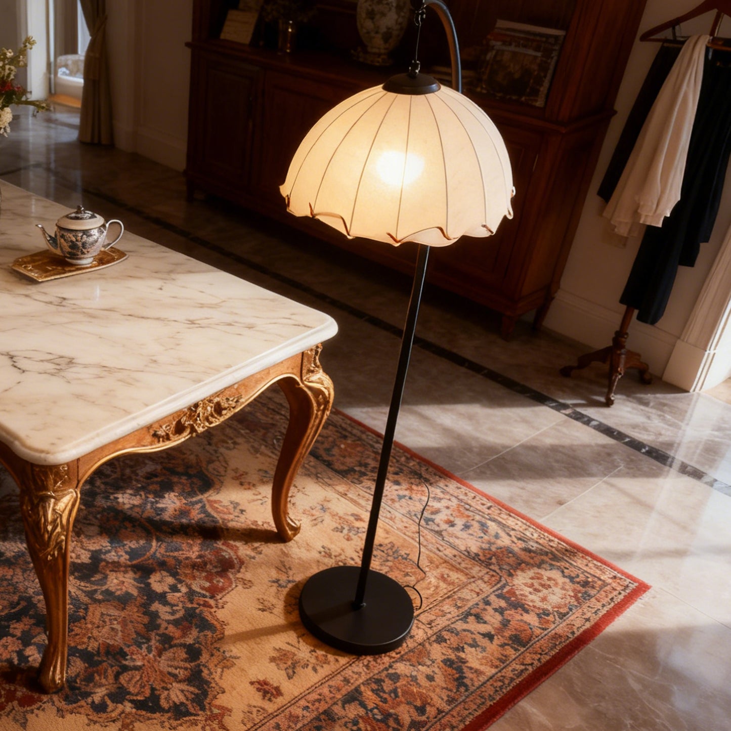 Beige Fabric Dome Arc Floor Lamp - Black Curved Pole Vintage Floor Lamp Warm Light E26 Base