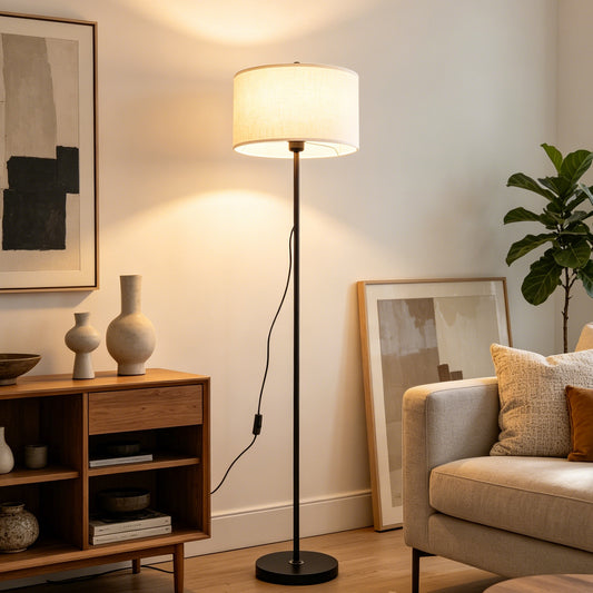 Modern Black Floor Lamp with Linen Shade | 57" Classic Standing Lamp with E26 Warm Bulb