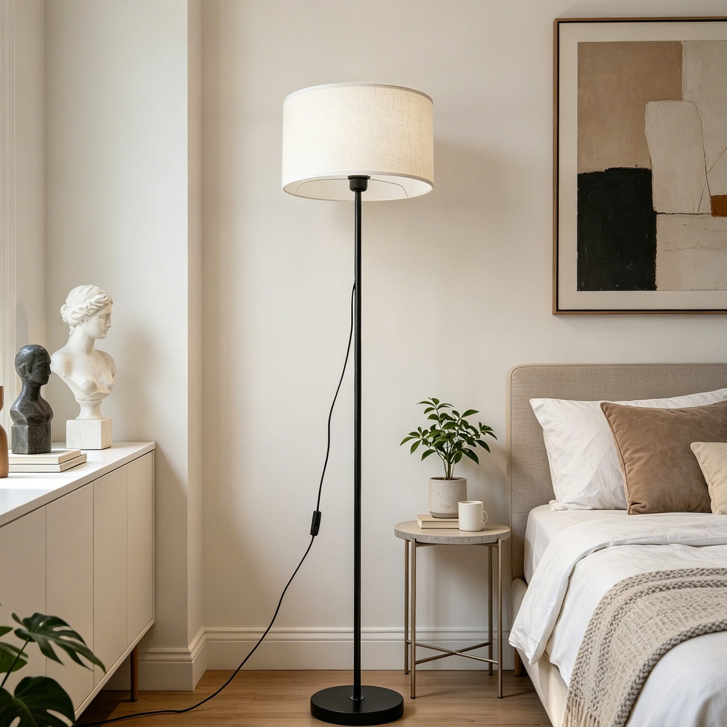 Modern Black Floor Lamp with Linen Shade | 57" Classic Standing Lamp with E26 Warm Bulb
