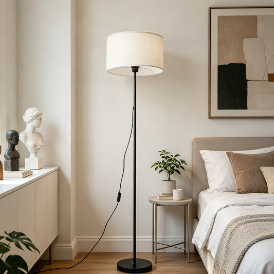 Modern Black Floor Lamp with Linen Shade | 57" Classic Standing Lamp with E26 Warm Bulb