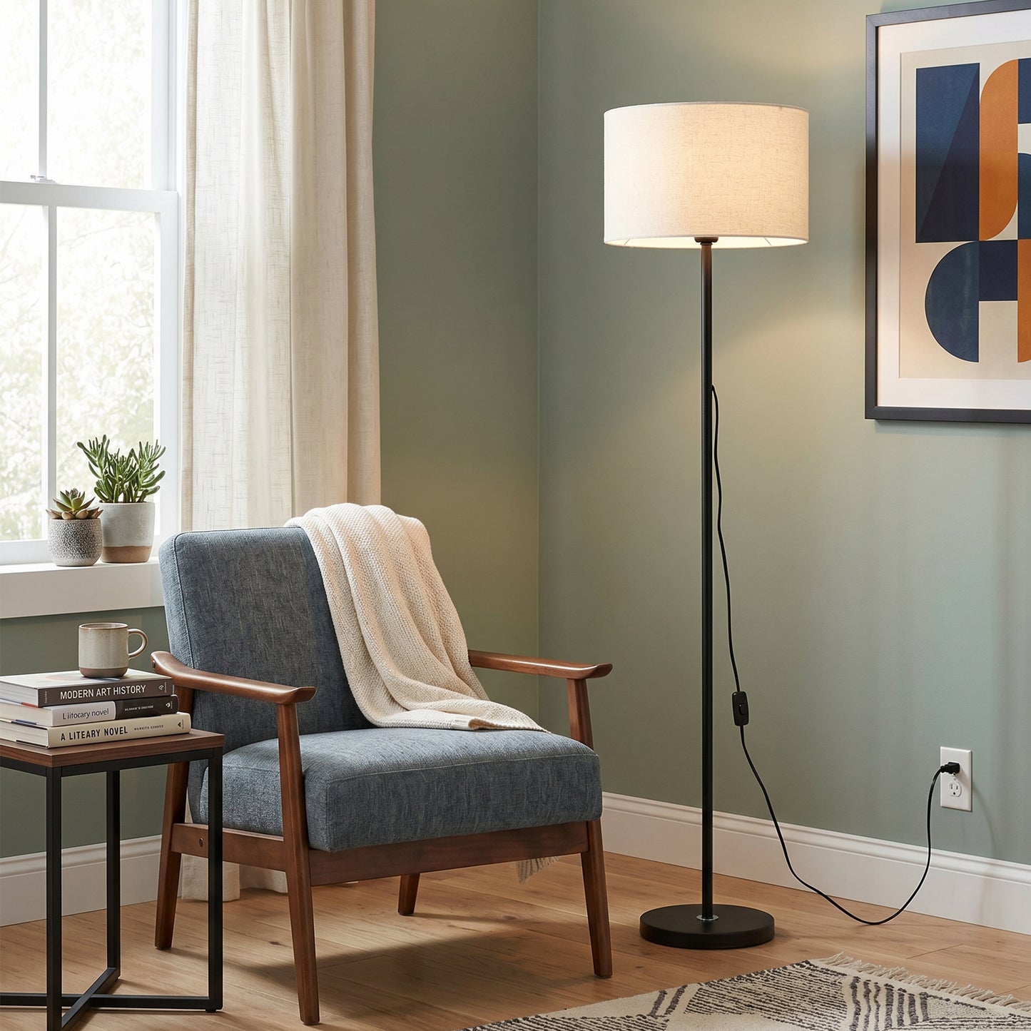 Modern Black Floor Lamp with Linen Shade | 57" Classic Standing Lamp with E26 Warm Bulb