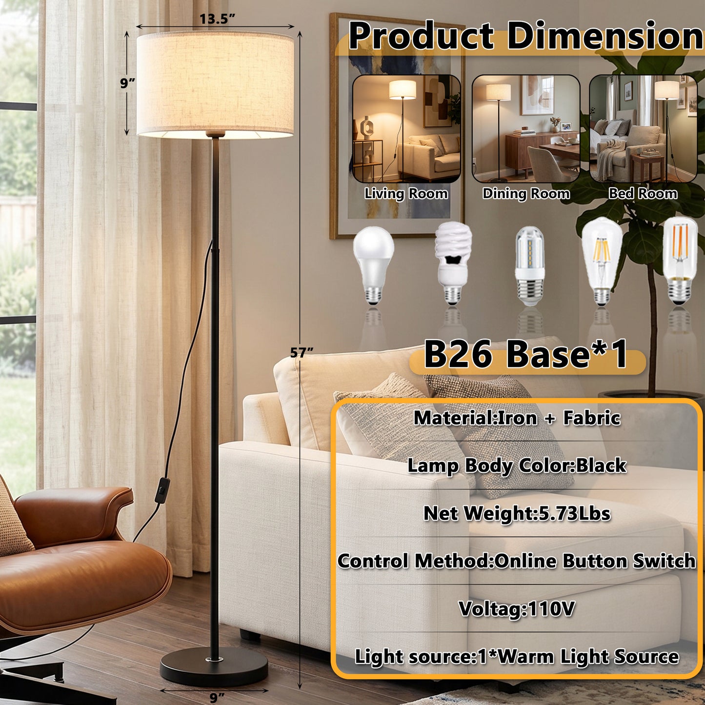 Modern Black Floor Lamp with Linen Shade | 57" Classic Standing Lamp with E26 Warm Bulb