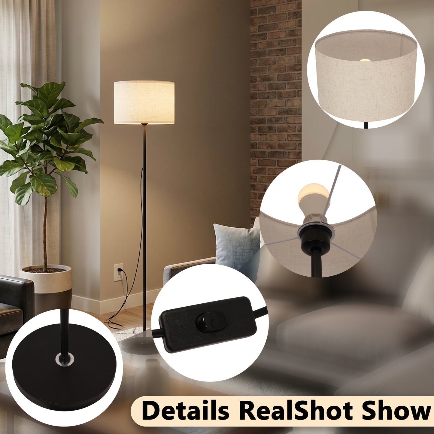 Modern Black Floor Lamp with Linen Shade | 57" Classic Standing Lamp with E26 Warm Bulb