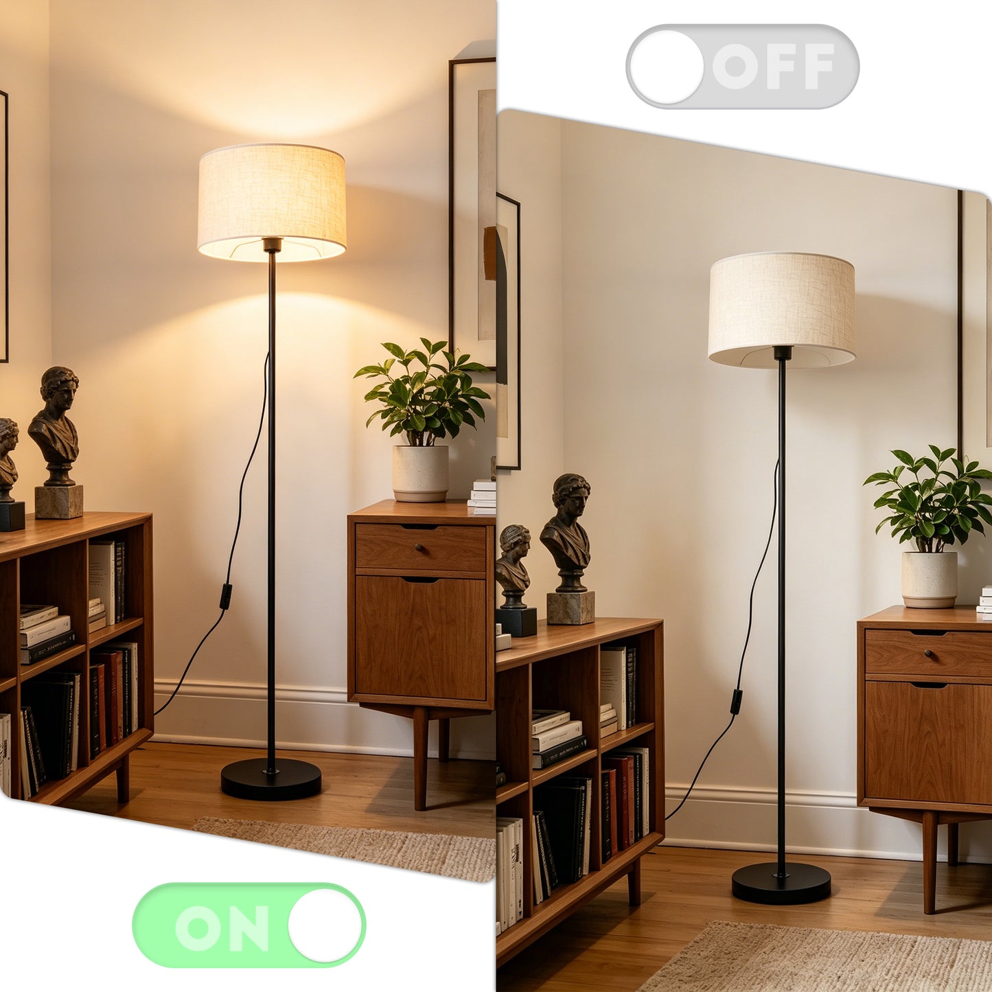 Modern Black Floor Lamp with Linen Shade | 57" Classic Standing Lamp with E26 Warm Bulb