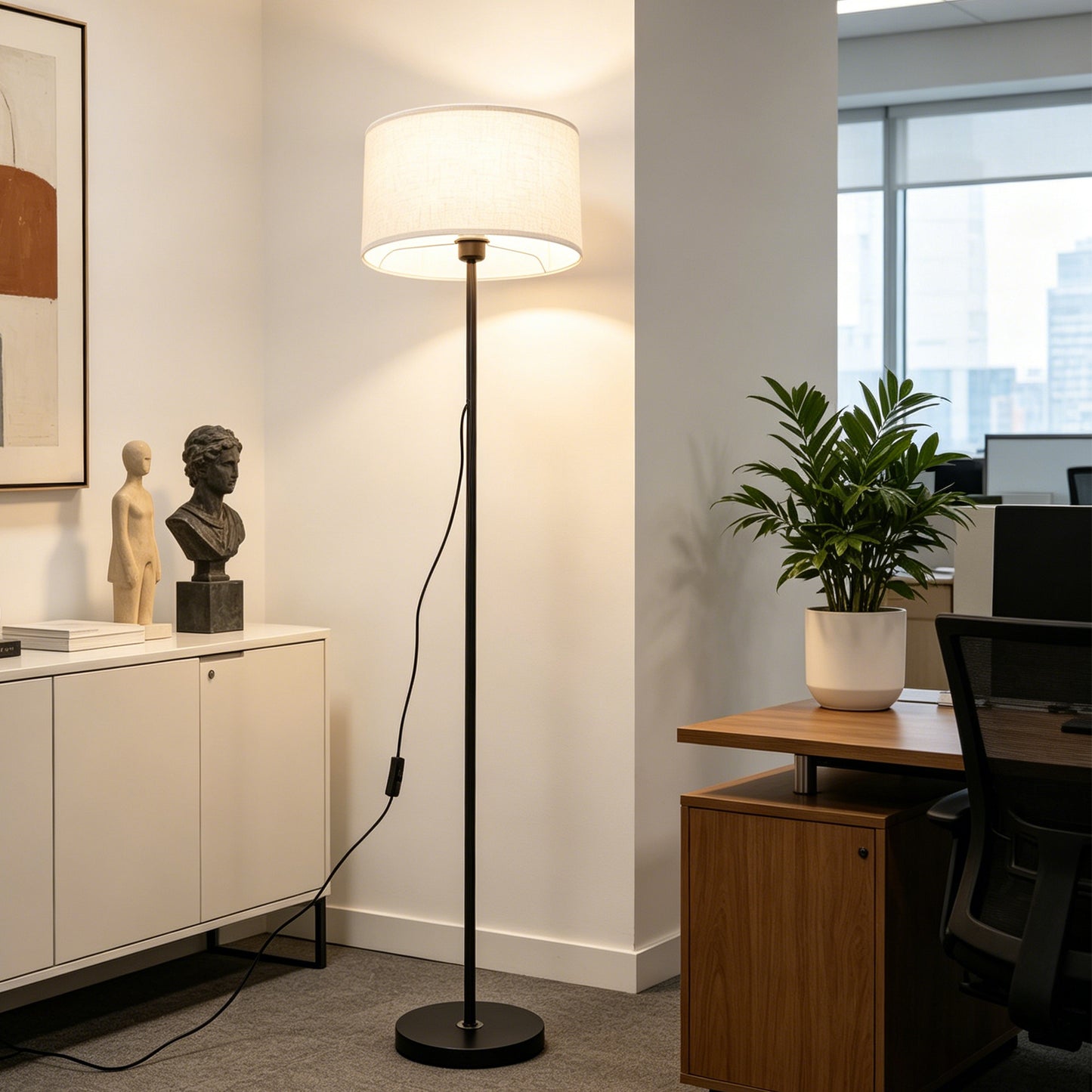 Modern Black Floor Lamp with Linen Shade | 57" Classic Standing Lamp with E26 Warm Bulb