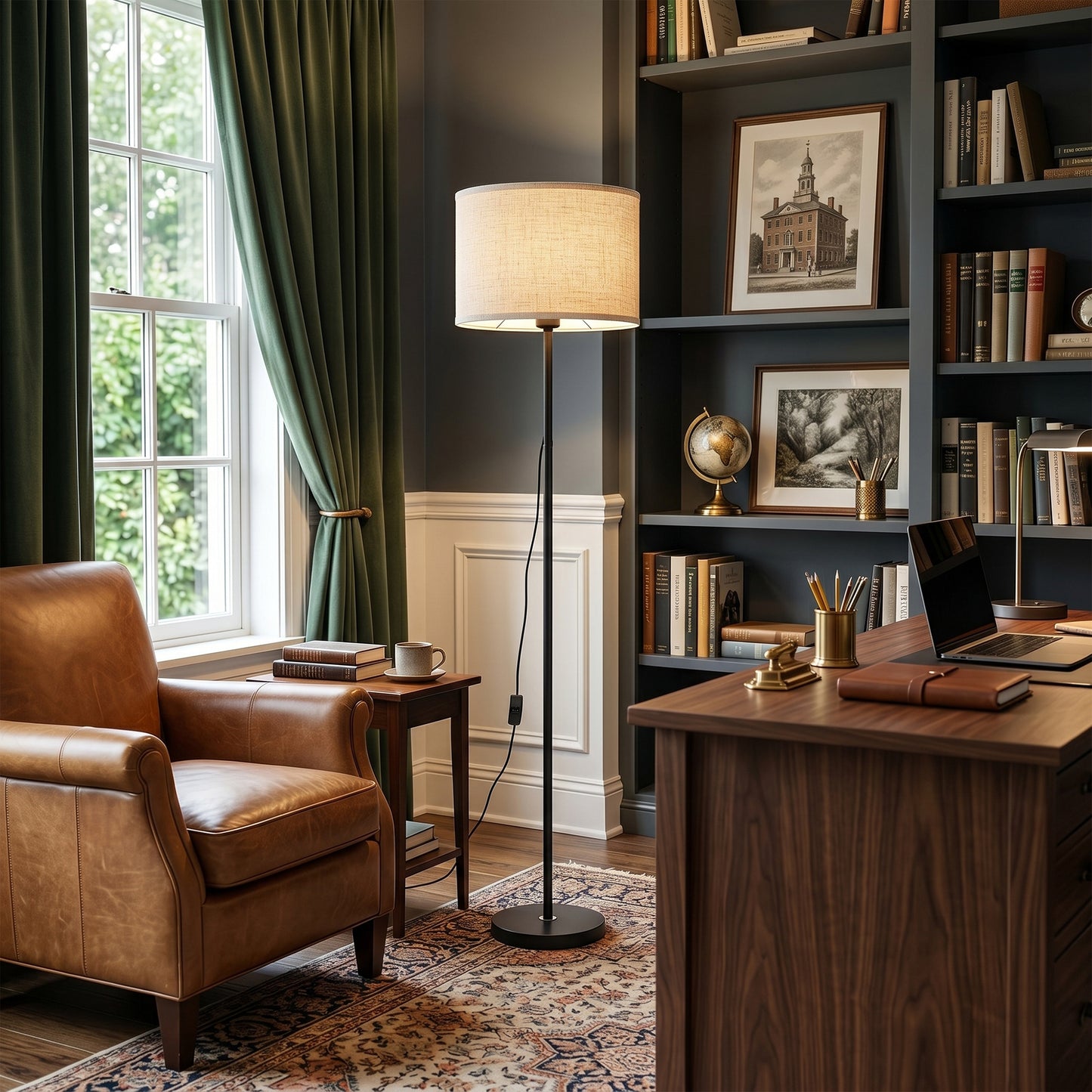 Modern Black Floor Lamp with Linen Shade | 57" Classic Standing Lamp with E26 Warm Bulb