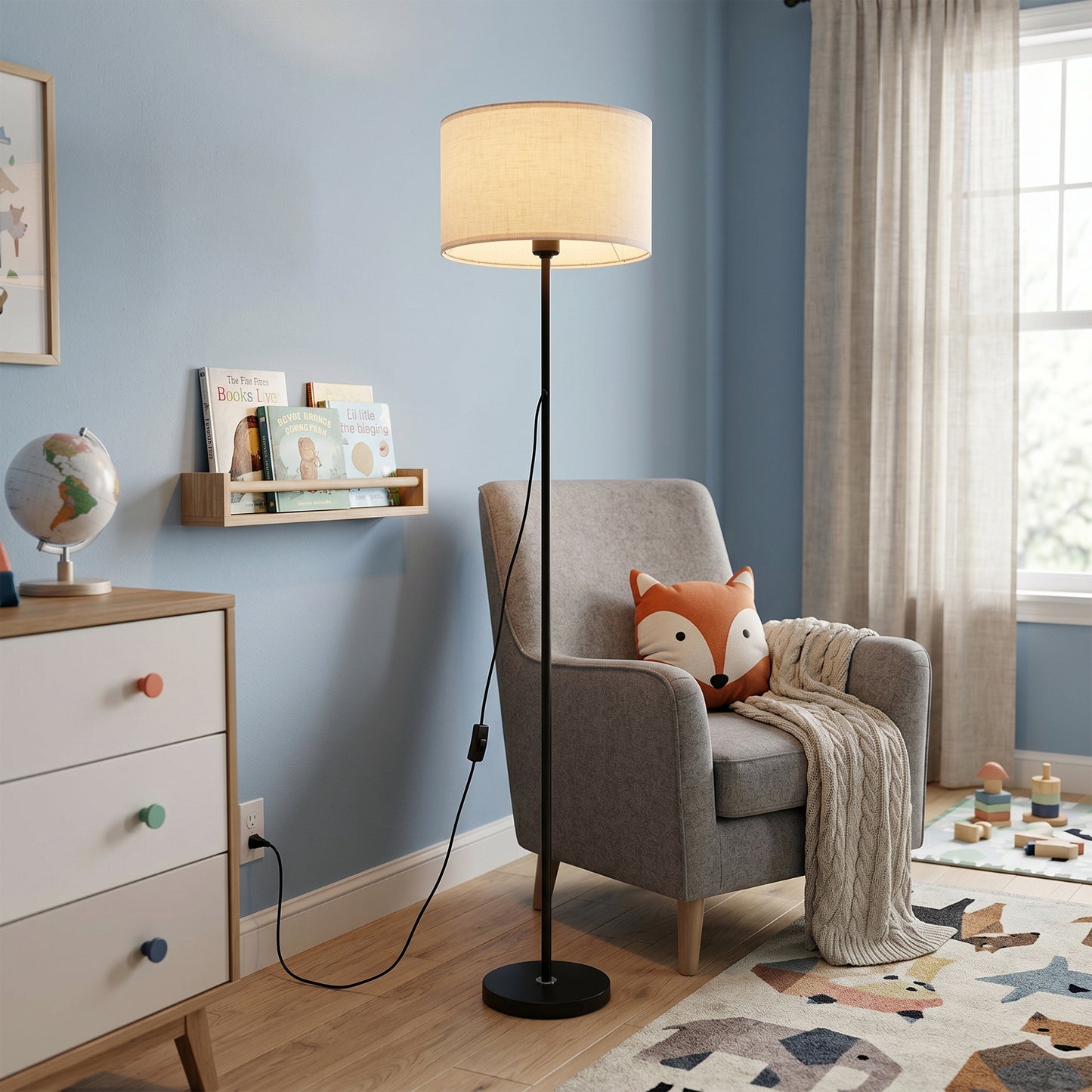 Modern Black Floor Lamp with Linen Shade | 57" Classic Standing Lamp with E26 Warm Bulb
