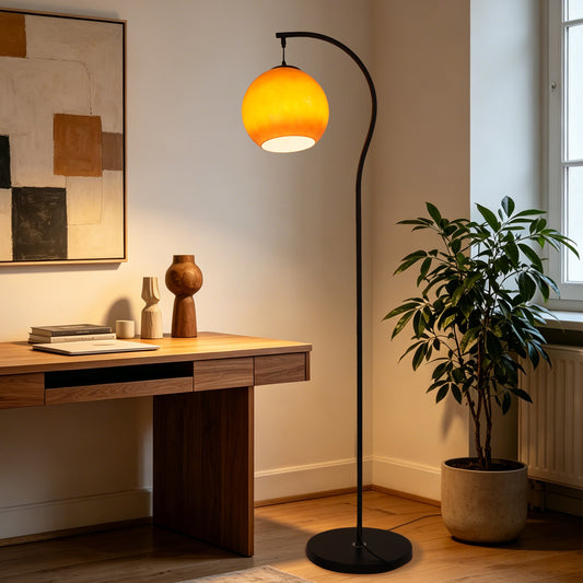 Modern Arc Floor Lamp with Amber Glass Globe Shade | 59" Black Metal Standing Lamp with E26 Warm Bulb