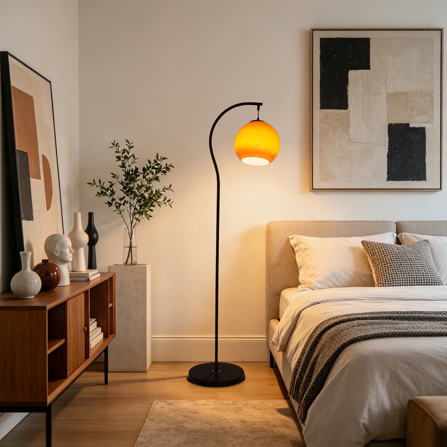Modern Arc Floor Lamp with Amber Glass Globe Shade | 59" Black Metal Standing Lamp with E26 Warm Bulb