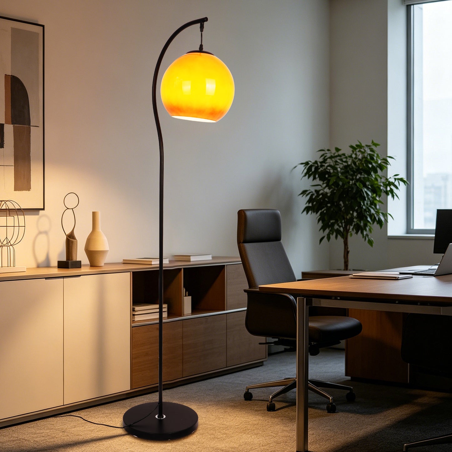 Modern Arc Floor Lamp with Amber Glass Globe Shade | 59" Black Metal Standing Lamp with E26 Warm Bulb