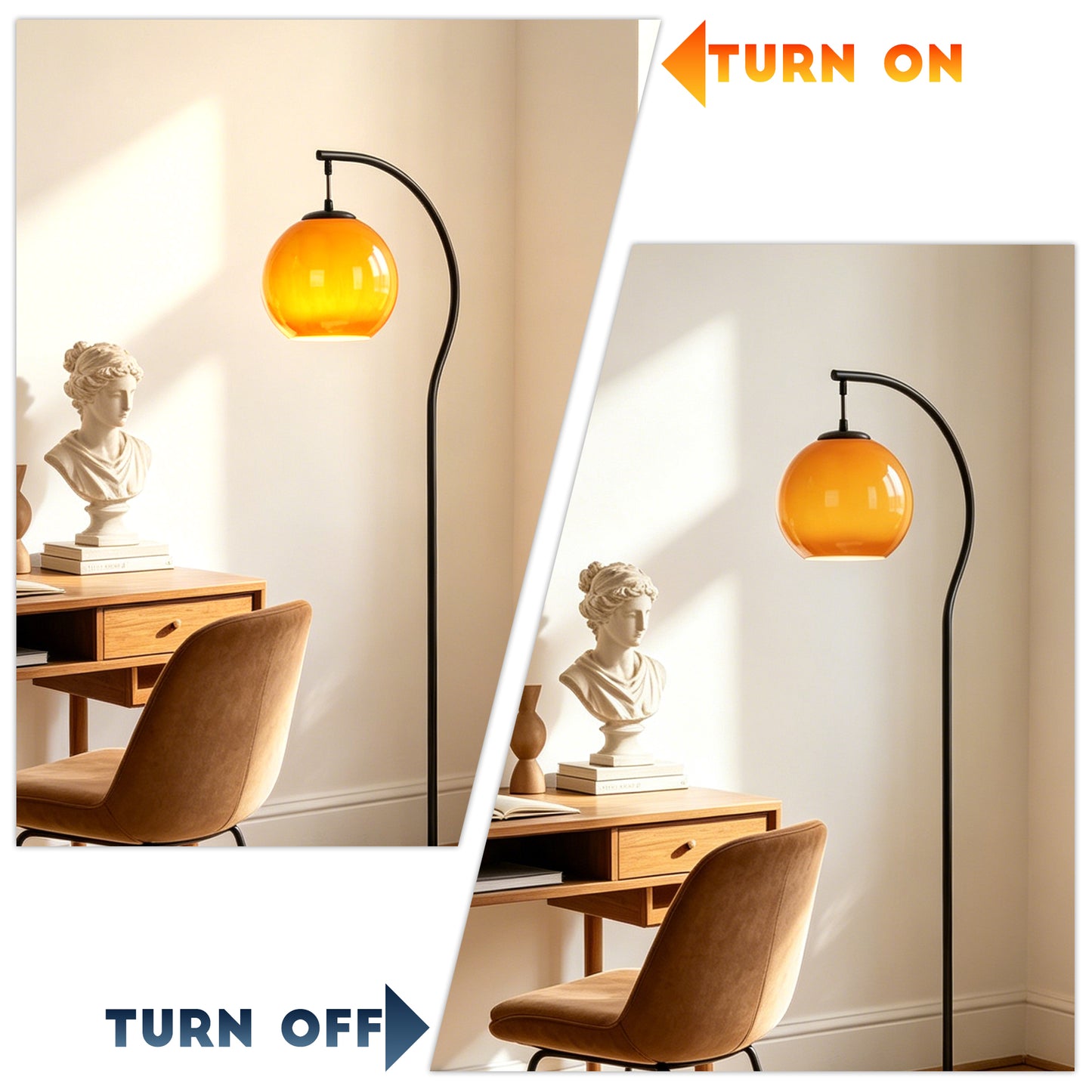 Modern Arc Floor Lamp with Amber Glass Globe Shade | 59" Black Metal Standing Lamp with E26 Warm Bulb
