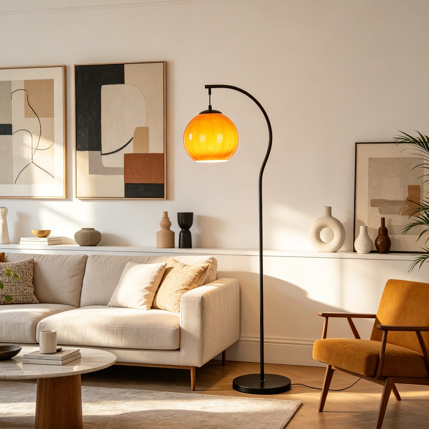 Modern Arc Floor Lamp with Amber Glass Globe Shade | 59" Black Metal Standing Lamp with E26 Warm Bulb