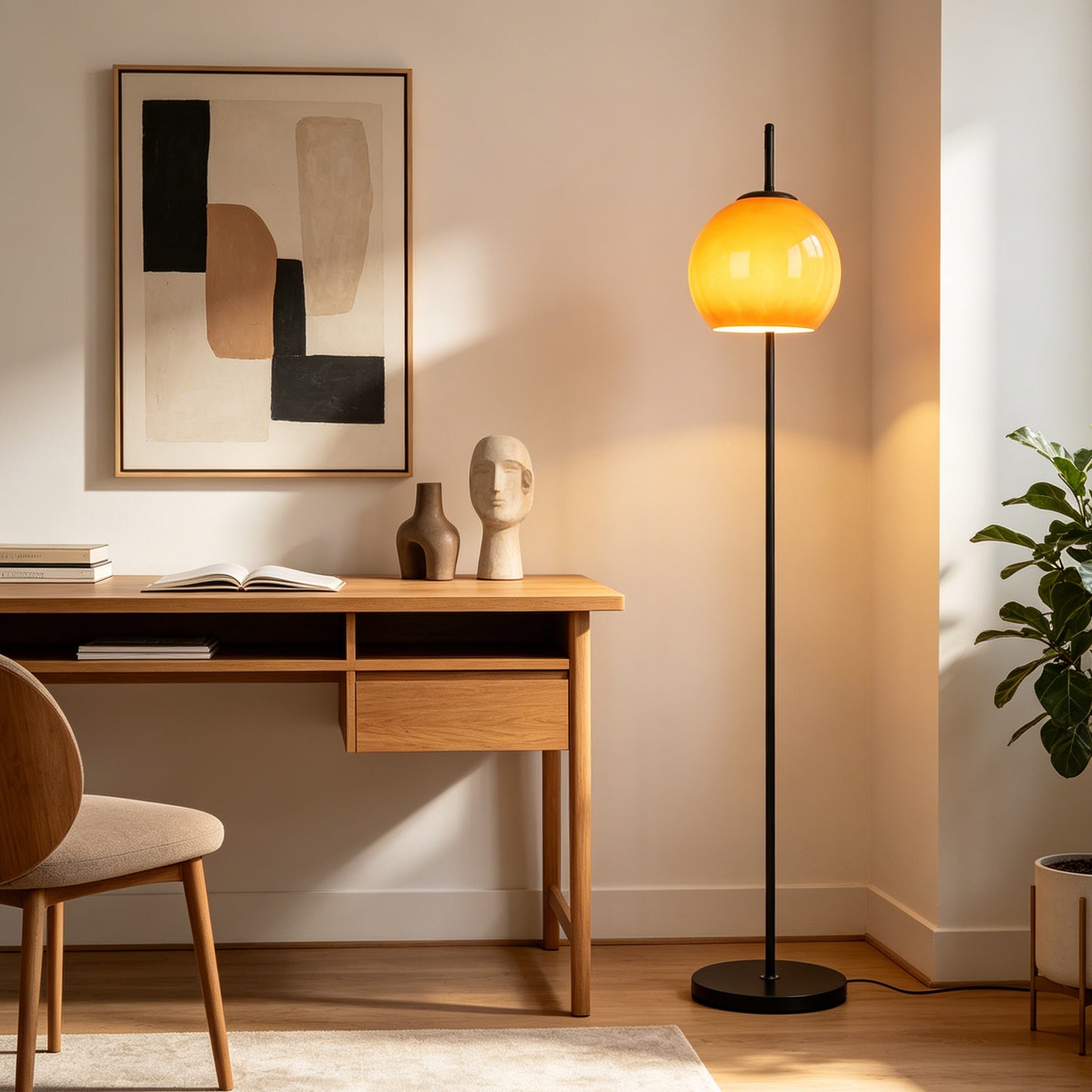 Modern Arc Floor Lamp with Amber Glass Globe Shade | 59" Black Metal Standing Lamp with E26 Warm Bulb