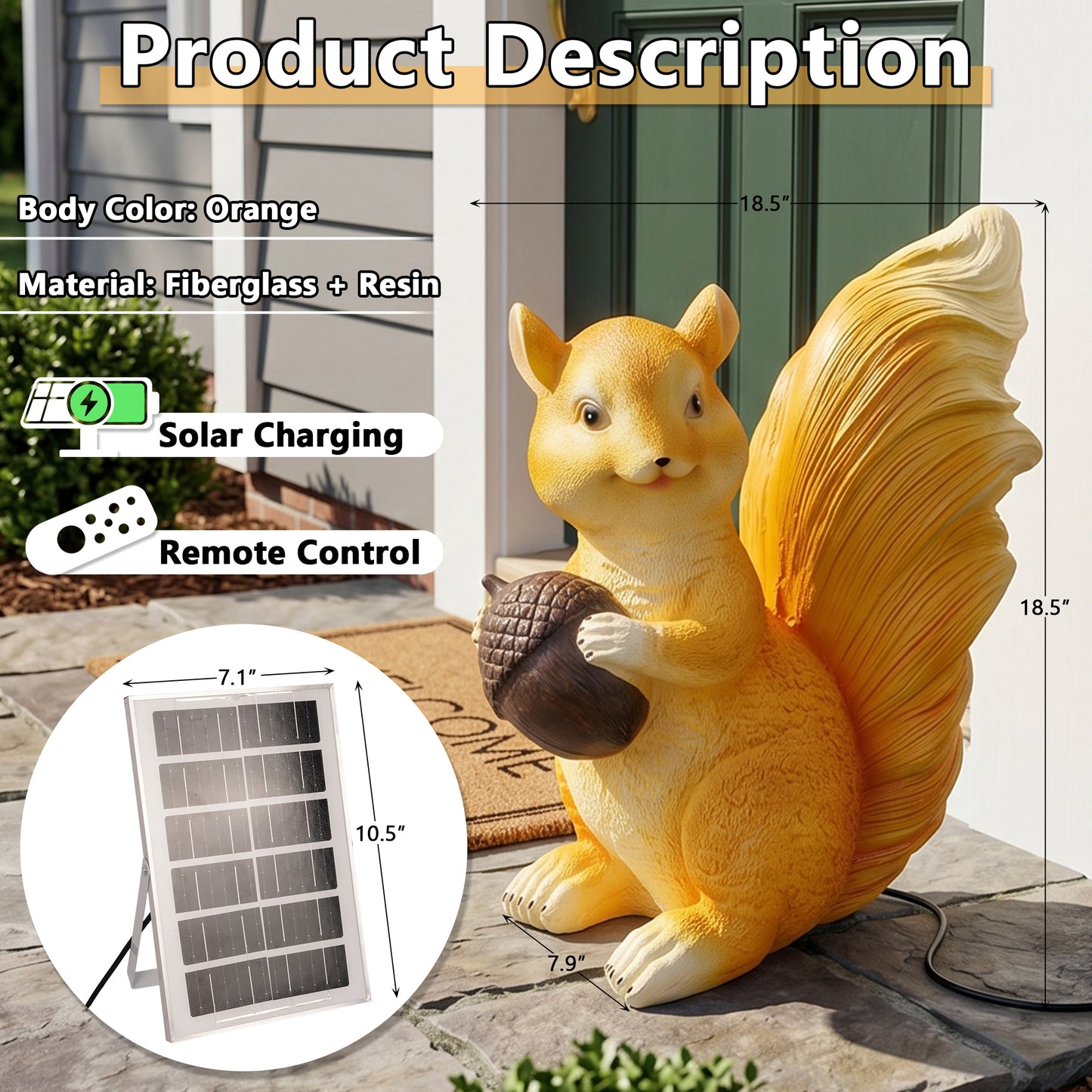 Solar-Powered Squirrel Garden Statue Light, Weatherproof Fiberglass Yard Art with Remote Control, Whimsical Outdoor Decor