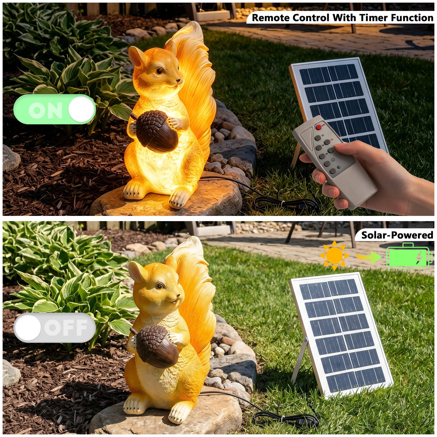 Solar-Powered Squirrel Garden Statue Light, Weatherproof Fiberglass Yard Art with Remote Control, Whimsical Outdoor Decor