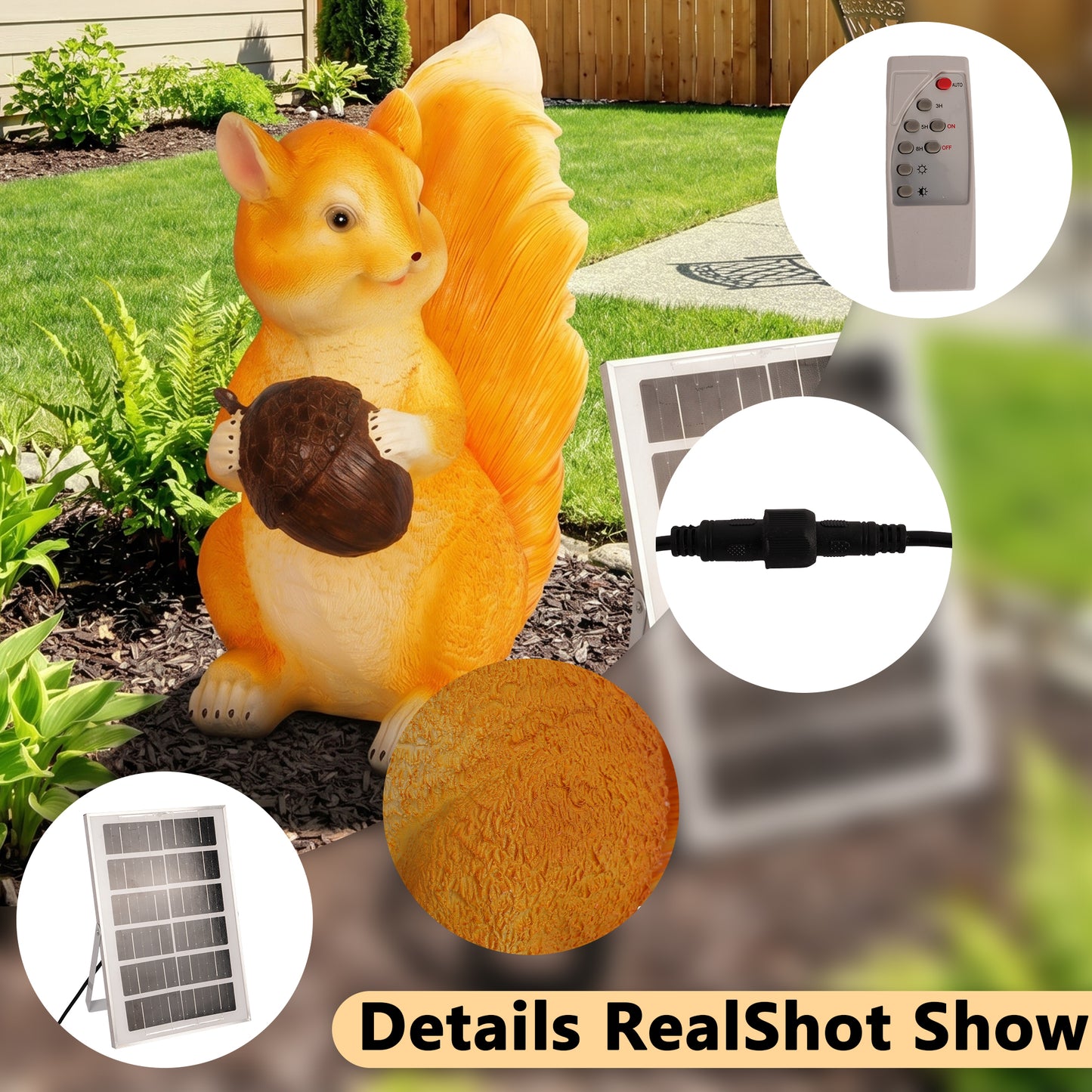 Solar-Powered Squirrel Garden Statue Light, Weatherproof Fiberglass Yard Art with Remote Control, Whimsical Outdoor Decor