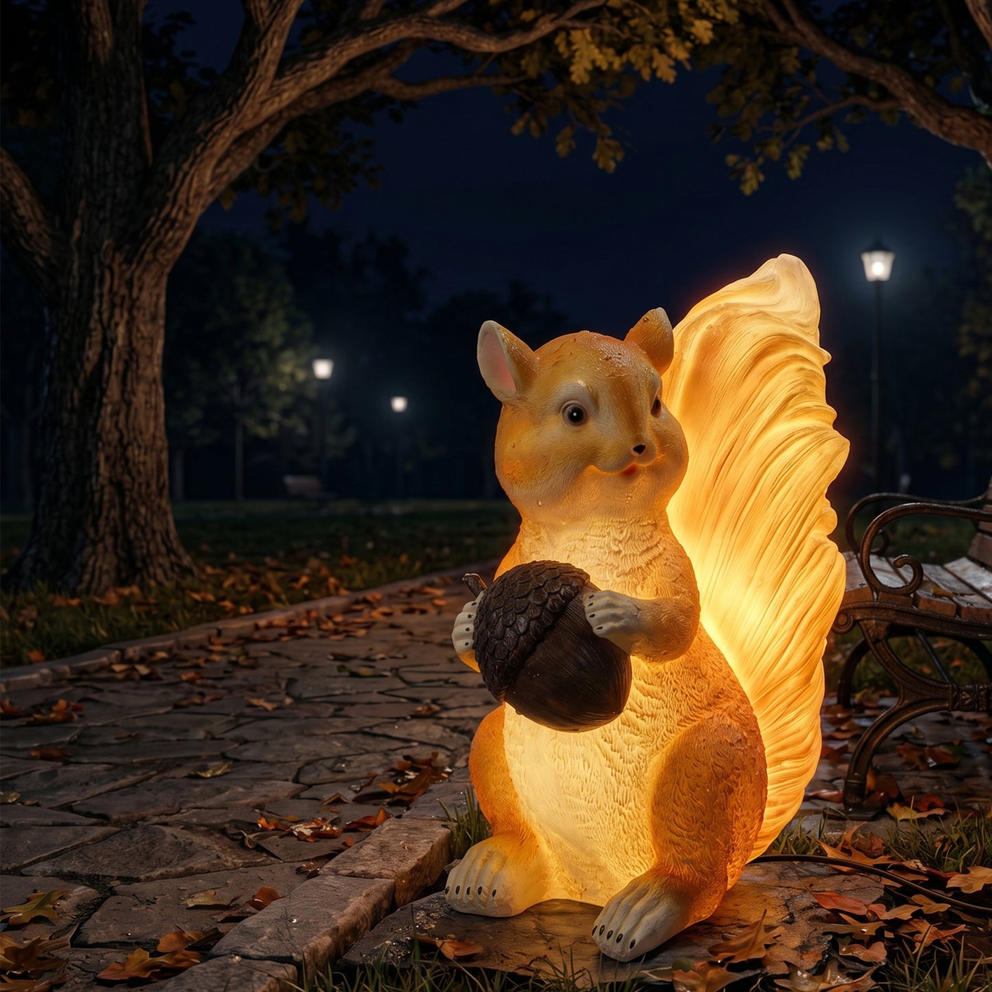 Solar-Powered Squirrel Garden Statue Light, Weatherproof Fiberglass Yard Art with Remote Control, Whimsical Outdoor Decor