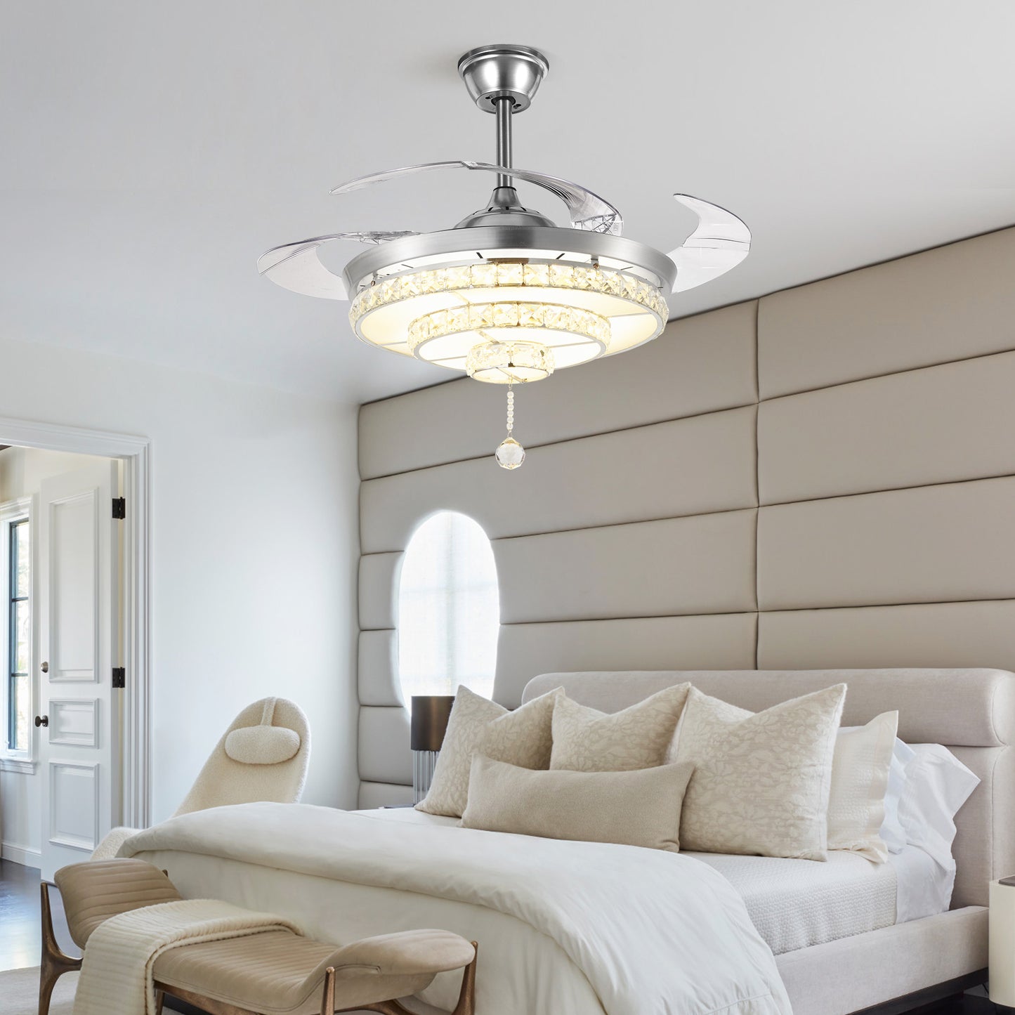BIGBANBAN Crystal Ceiling Fan with Light and Remote Brush Nickel ELT286