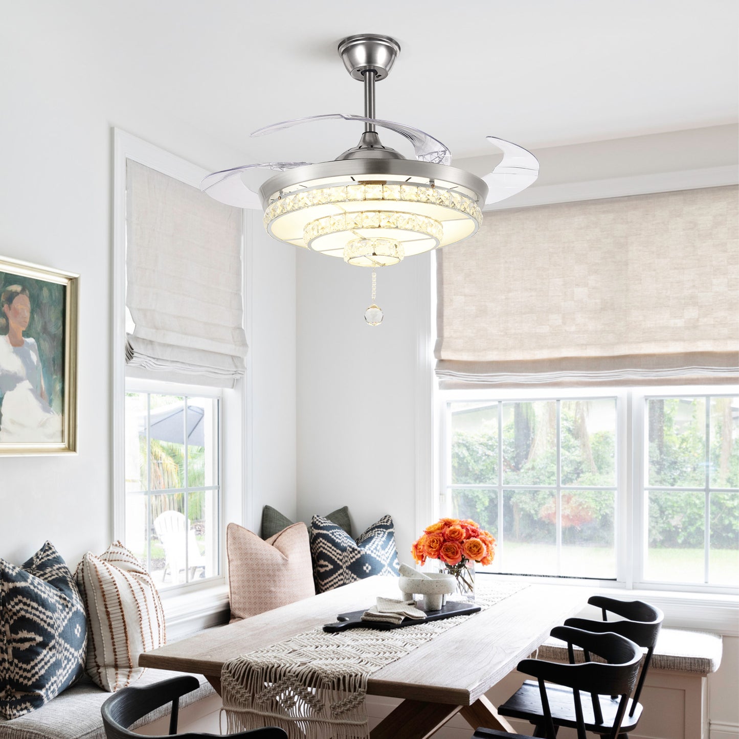 BIGBANBAN Crystal Ceiling Fan with Light and Remote Brush Nickel ELT286