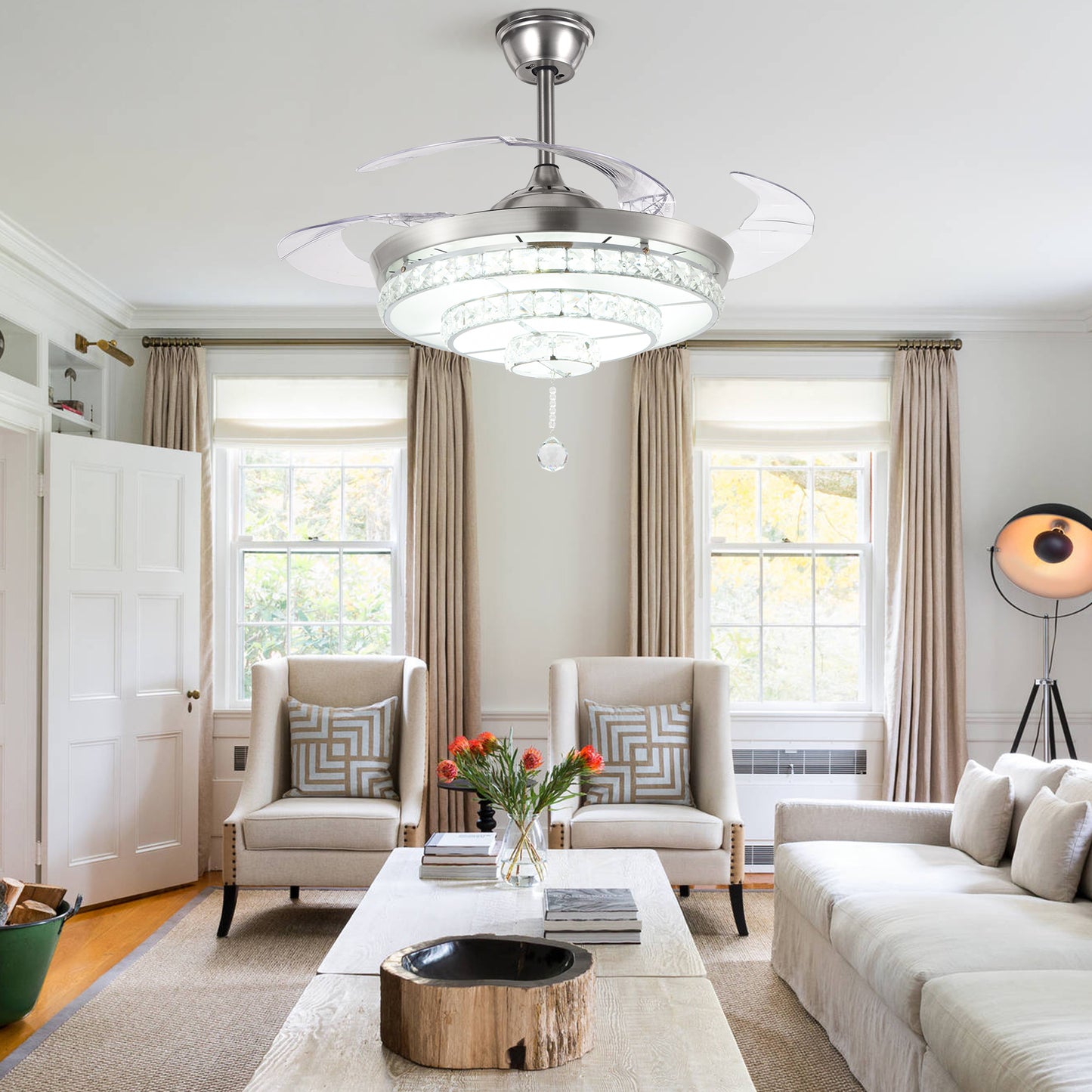 BIGBANBAN Crystal Ceiling Fan with Light and Remote Brush Nickel ELT286