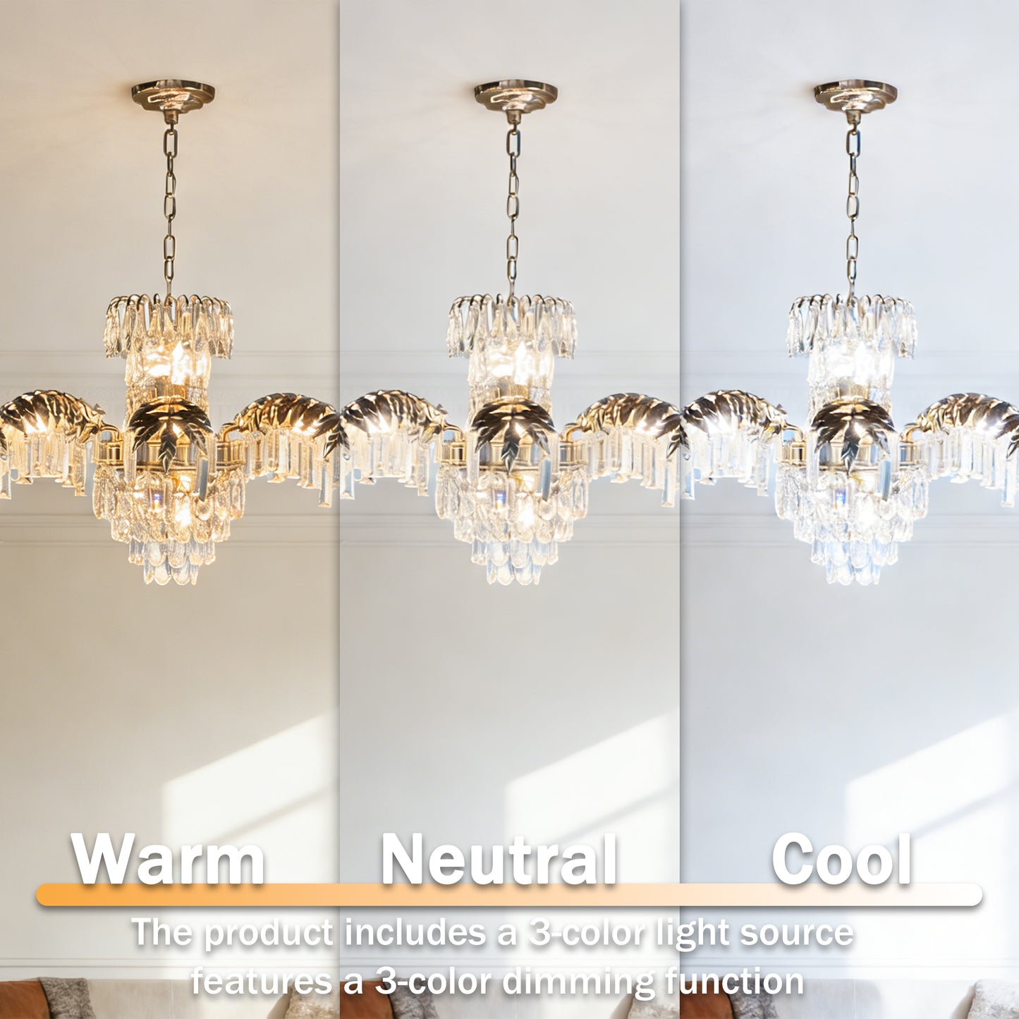 Luxury Gold Leaf Crystal Chandelier - 3-Color Dimmable 11-Light Crystal Pendant Light