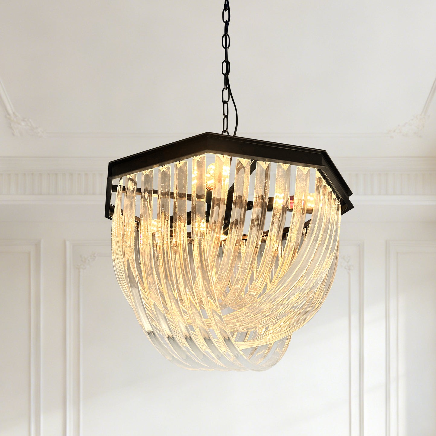 Modern Black Octagonal Frame Ribbed Glass Chandelier - 4-Light E12 Pendant Light