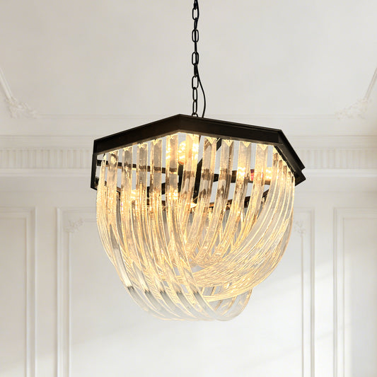 Modern Black Octagonal Frame Ribbed Glass Chandelier - 4-Light E12 Pendant Light