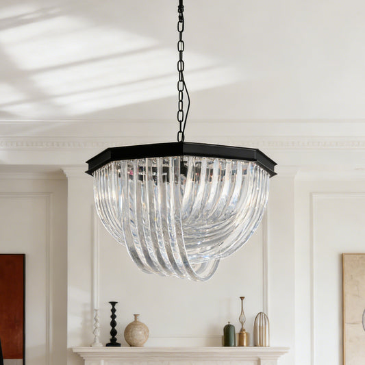 Modern Black Octagonal Frame Ribbed Glass Chandelier - 4-Light E12 Pendant Light