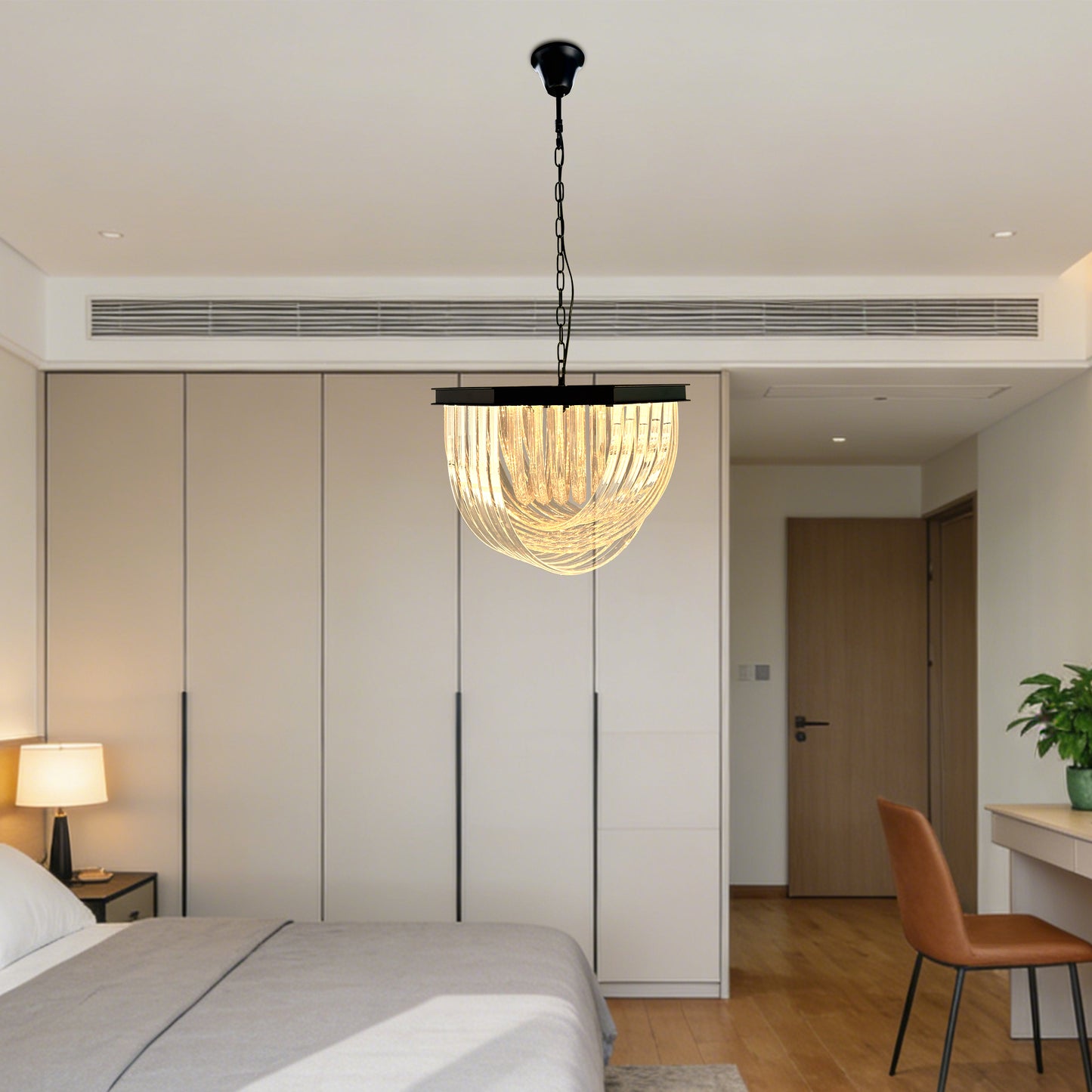 Modern Black Octagonal Frame Ribbed Glass Chandelier - 4-Light E12 Pendant Light